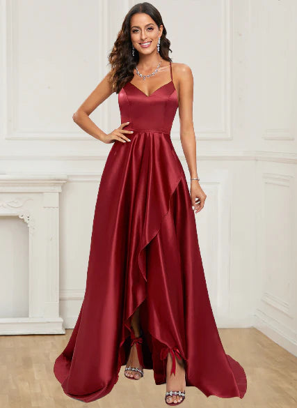 New V-neck satin A-line asymmetrical ball party dress
