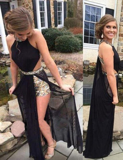 New black backless sexy A-line sleeveless sequin beaded tight chiffon evening dress