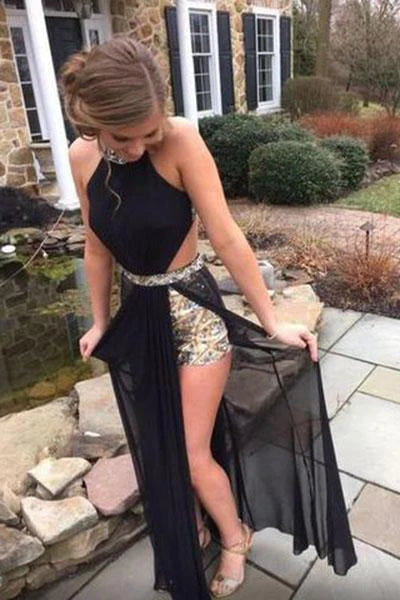 New black backless sexy A-line sleeveless sequin beaded tight chiffon evening dress