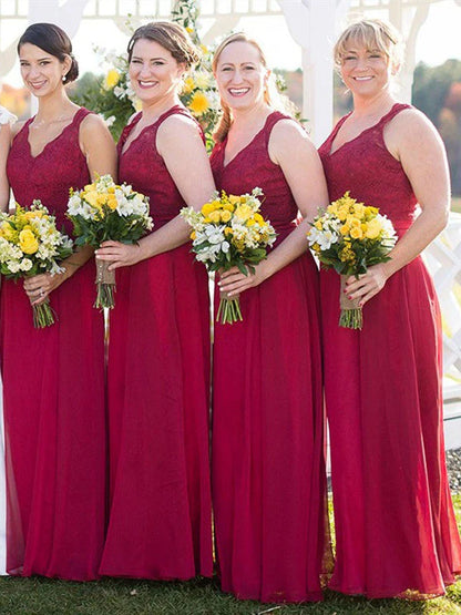 New long red A-line simple lace floor mopping bridesmaid dress