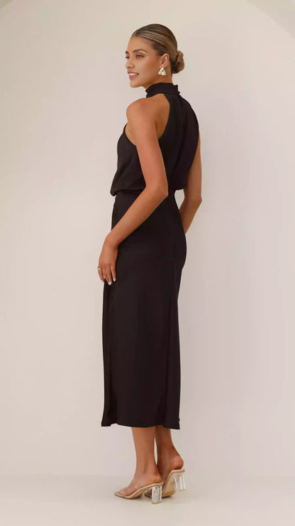 Noble and elegant high neckline with hanging pleats, asymmetrical shoulders, invisible zipper and button closure Prom Dresses