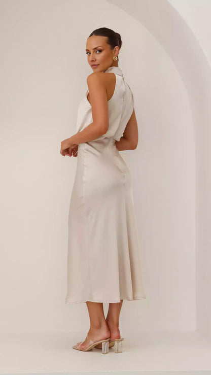 Noble and elegant high neckline with hanging pleats, asymmetrical shoulders, invisible zipper and button closure Prom Dresses