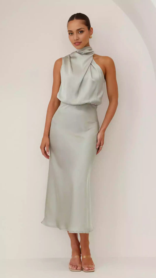 Noble and elegant high neckline with hanging pleats, asymmetrical shoulders, invisible zipper and button closure Prom Dresses