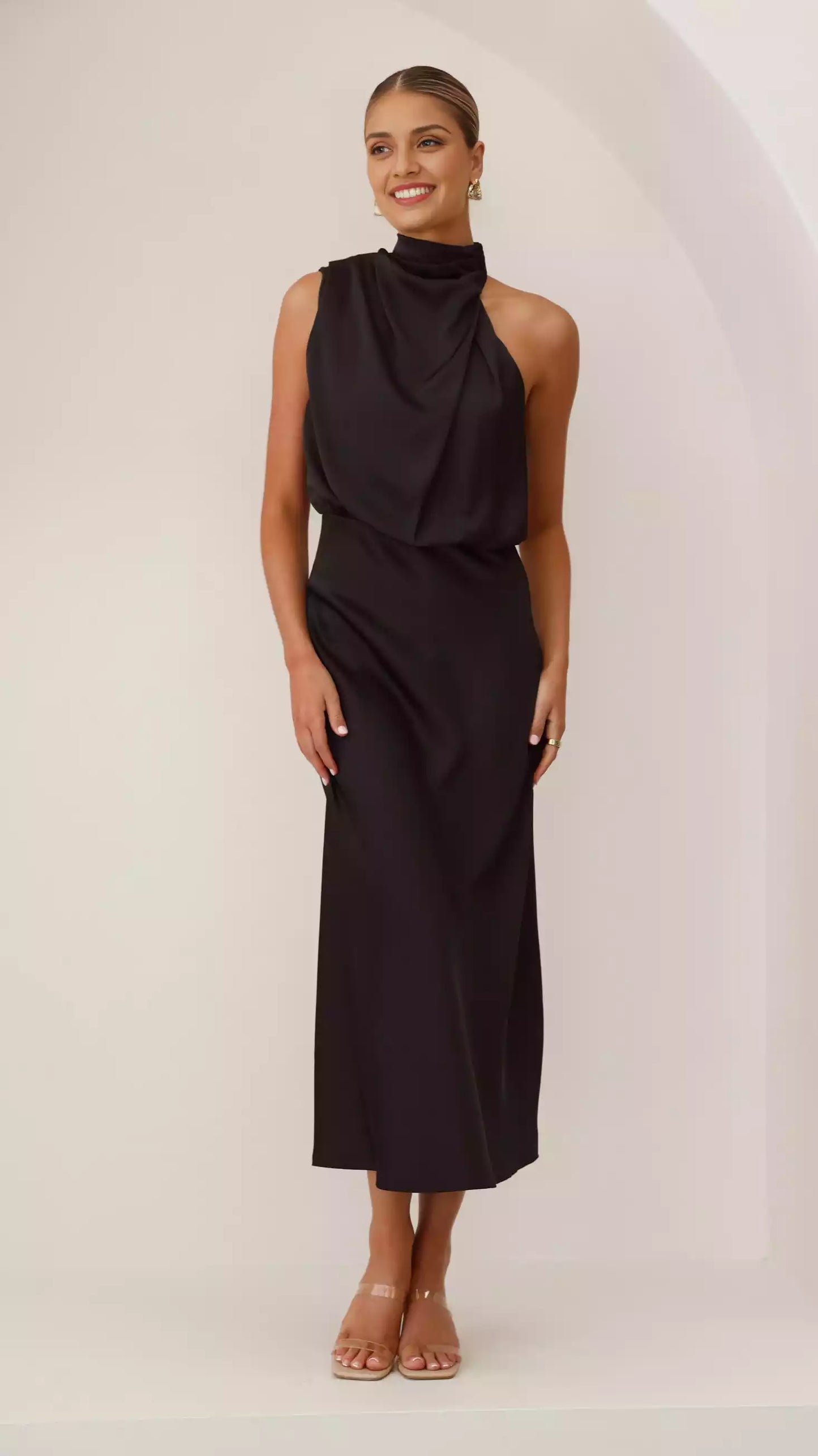 Noble and elegant high neckline with hanging pleats, asymmetrical shoulders, invisible zipper and button closure Prom Dresses