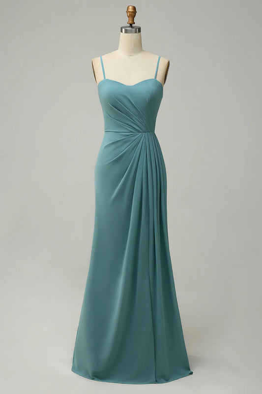 A Line Spaghetti Straps Long Chiffon Bridesmaid Dress with Slit