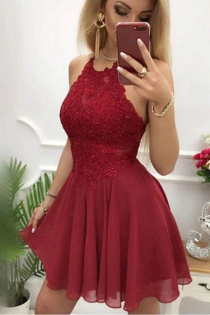 OKBBN A-line Burgundy chiffon backless decal short Homecoming Dresses