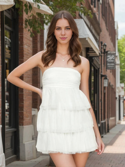 OKBBN A-line Princess Skirt Off Shoulder Stacked Ruffle Edge Chiffon Mini Homecoming Dresses