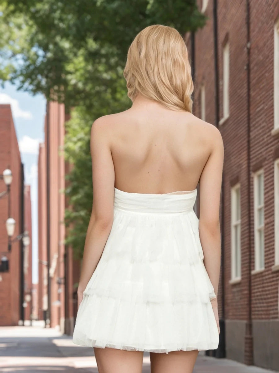 OKBBN A-line Princess Skirt Off Shoulder Stacked Ruffle Edge Chiffon Mini Homecoming Dresses