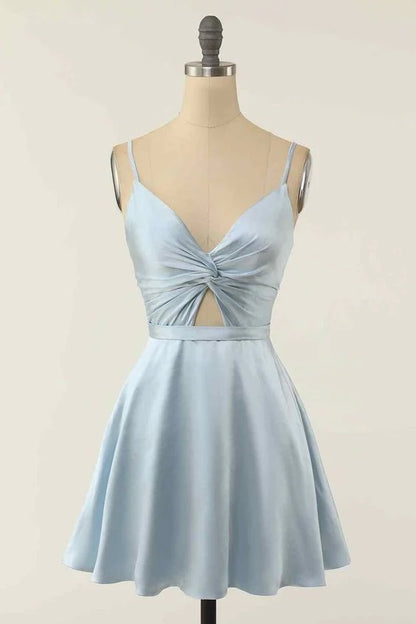 OKBBN A-line V-neck twisted hollow pleated mini Homecoming Dresses