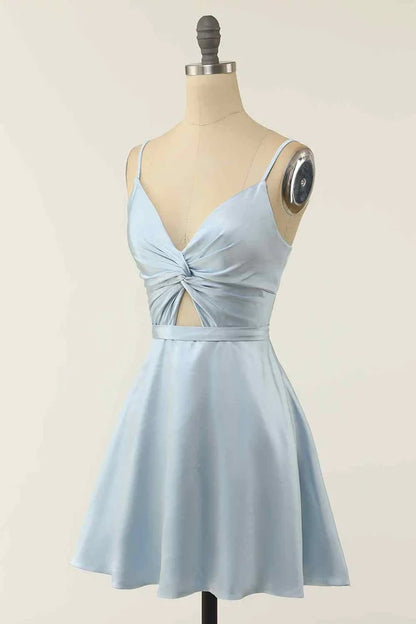 OKBBN A-line V-neck twisted hollow pleated mini Homecoming Dresses