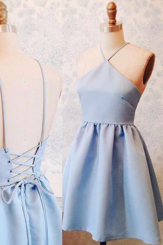 OKBBN A-line backless knee length lace up elastic satin cut fits snugly backless collar Homecoming Dresses