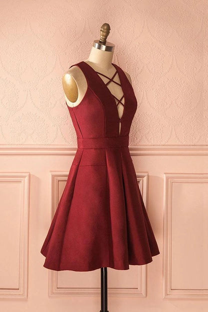 OKBBN A-line deep V-neck sleeveless lace up satin slimming Homecoming Dresses
