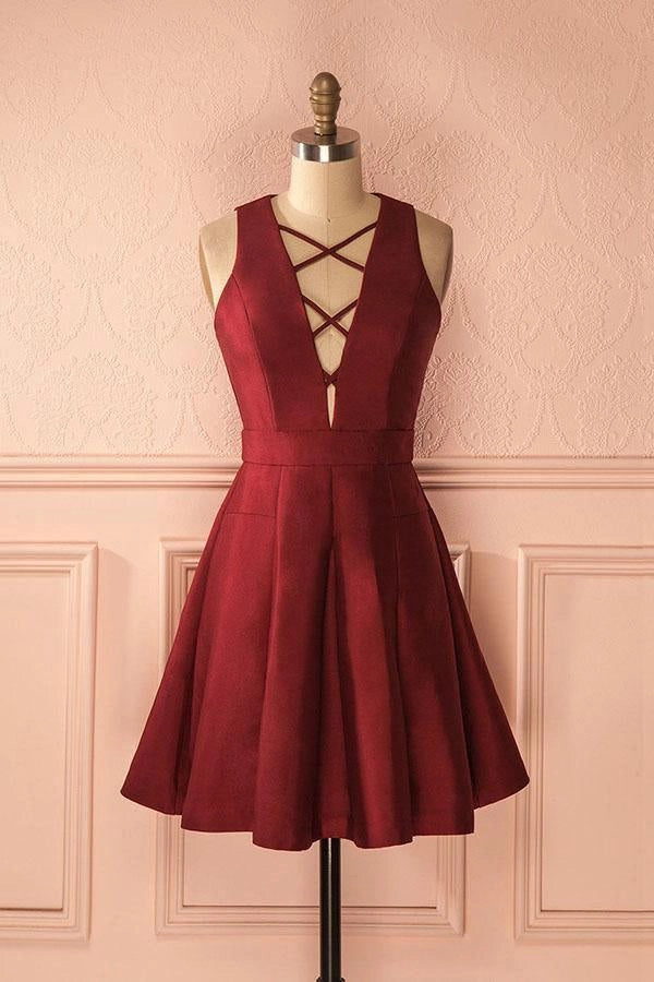 OKBBN A-line deep V-neck sleeveless lace up satin slimming Homecoming Dresses