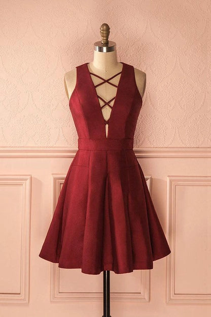 OKBBN A-line deep V-neck sleeveless lace up satin slimming Homecoming Dresses