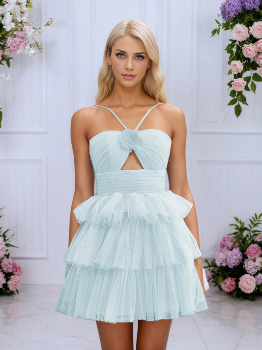 OKBBN A-line off shoulder sleeveless sheer multi-layer Homecoming Dresses