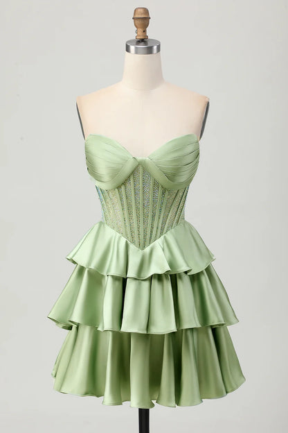 OKBBN A-line off shoulder waistband layered satin bead short Homecoming Dresses