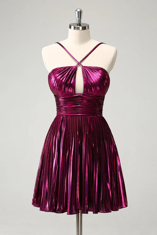 OKBBN A-line pleated hollow short cross shoulder strap Homecoming Dresses