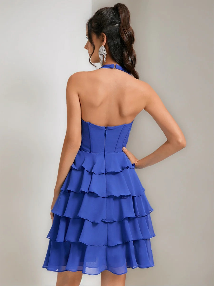 OKBBN A-line princess suspender sleeveless multi-layer short ruffle edge Homecoming Dresses