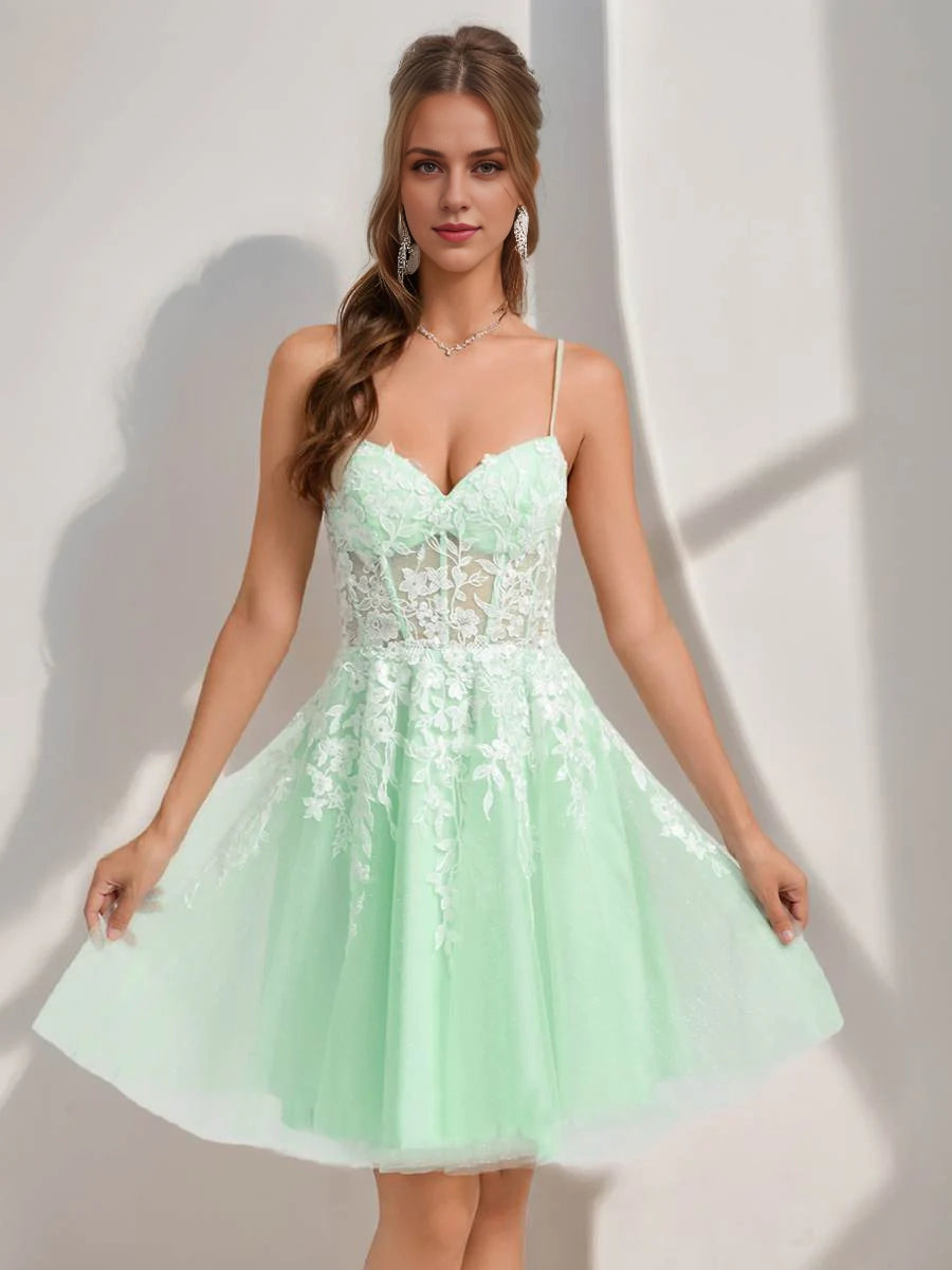OKBBN A-line princess thin shoulder strap lace decal short Homecoming Dresses