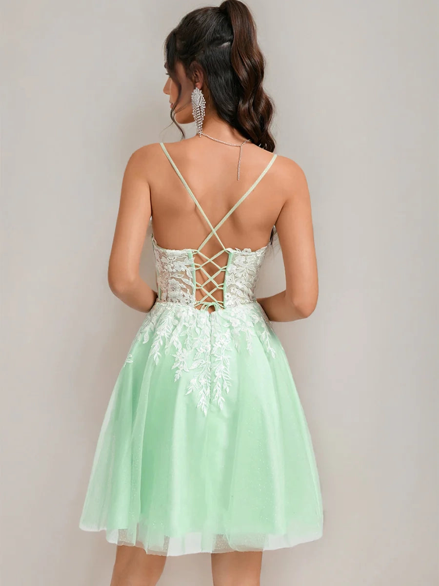 OKBBN A-line princess thin shoulder strap lace decal short Homecoming Dresses