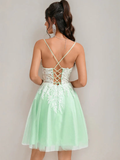 OKBBN A-line princess thin shoulder strap lace decal short Homecoming Dresses