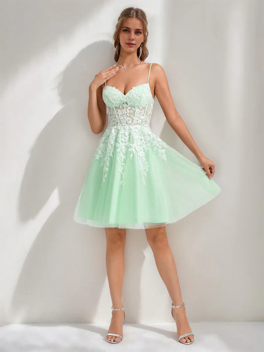 OKBBN A-line princess thin shoulder strap lace decal short Homecoming Dresses