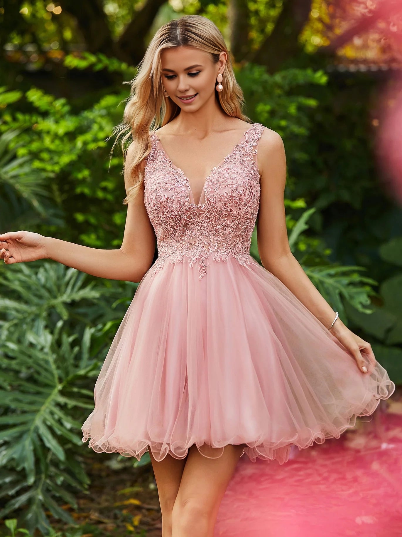 OKBBN A-line sequin top with ruffle edge short chiffon Homecoming Dresses
