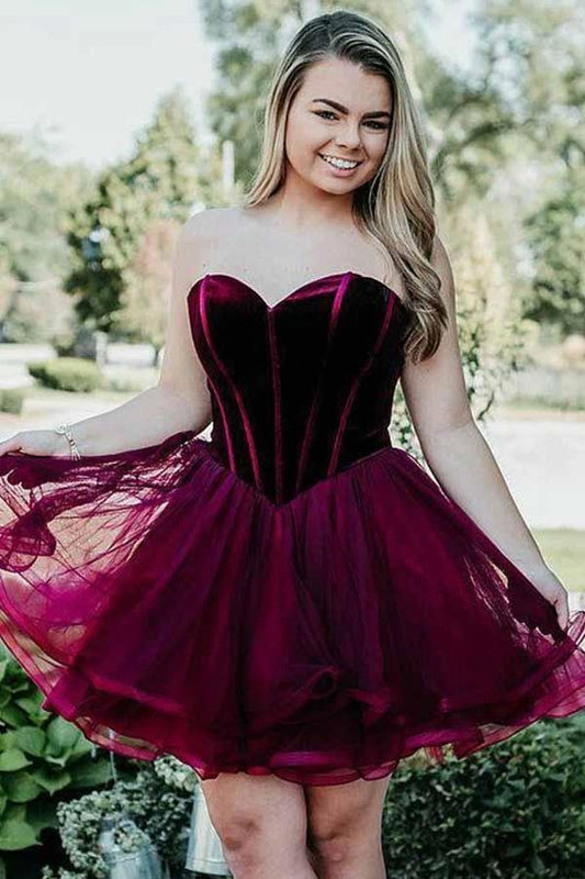 OKBBN A-line sweetheart short Burgundy organza sweetheart neckline Homecoming Dresses