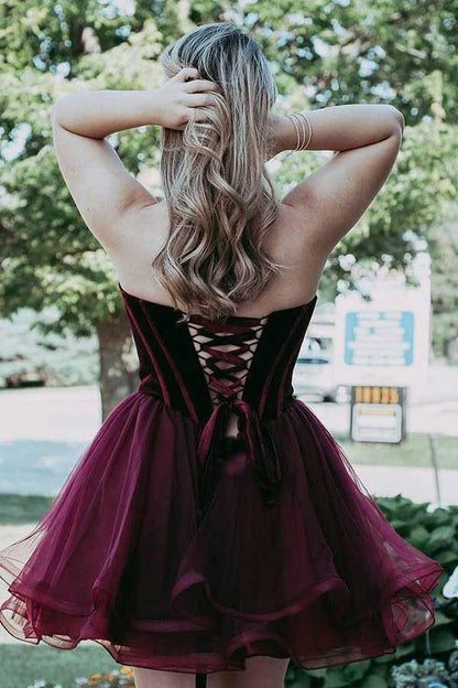 OKBBN A-line sweetheart short Burgundy organza sweetheart neckline Homecoming Dresses