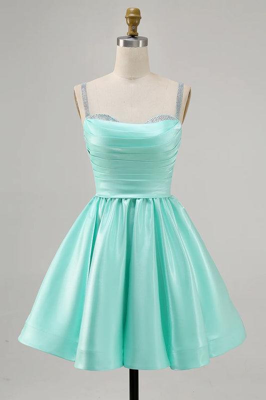 OKBBN A-line thin shoulder strap bead satin short Homecoming Dresses