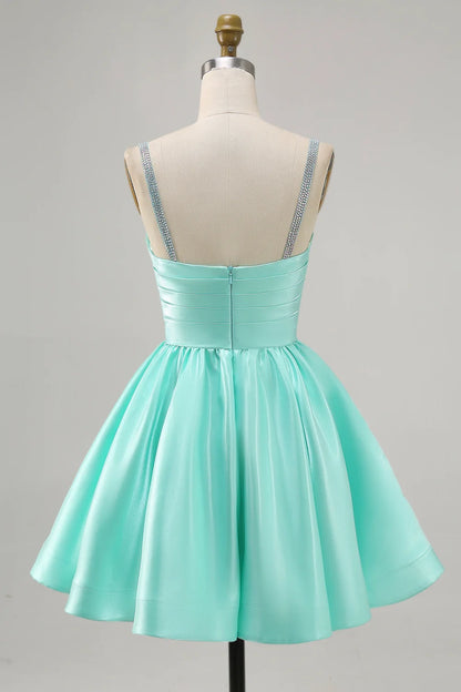 OKBBN A-line thin shoulder strap bead satin short Homecoming Dresses