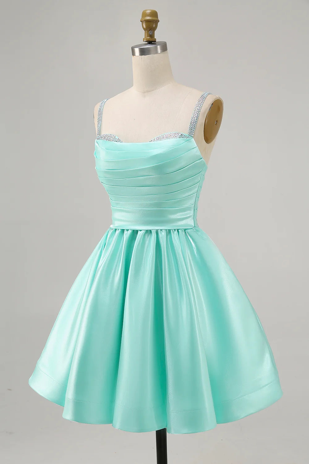 OKBBN A-line thin shoulder strap bead satin short Homecoming Dresses