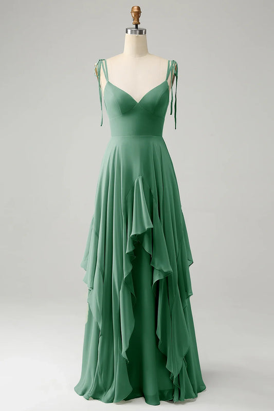 OKBBN A-line thin shoulder strap chiffon long pleated Bridesmaid Dresses