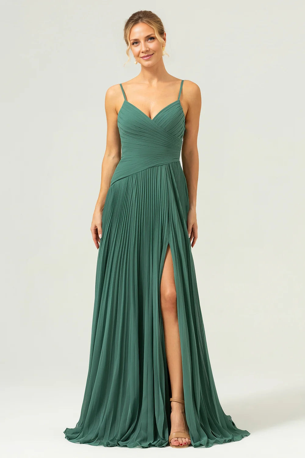 OKBBN A-line thin shoulder strap pleated long slit slim Bridesmaid Dresses