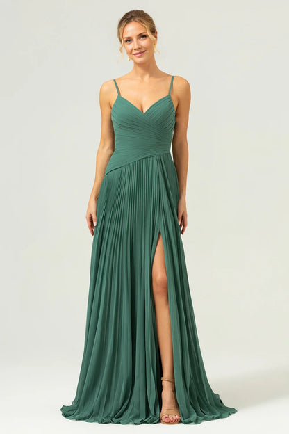 OKBBN A-line thin shoulder strap pleated long slit slim Bridesmaid Dresses