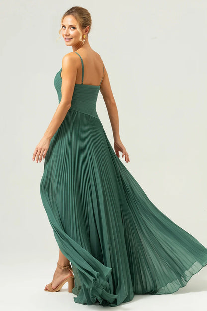 OKBBN A-line thin shoulder strap pleated long slit slim Bridesmaid Dresses