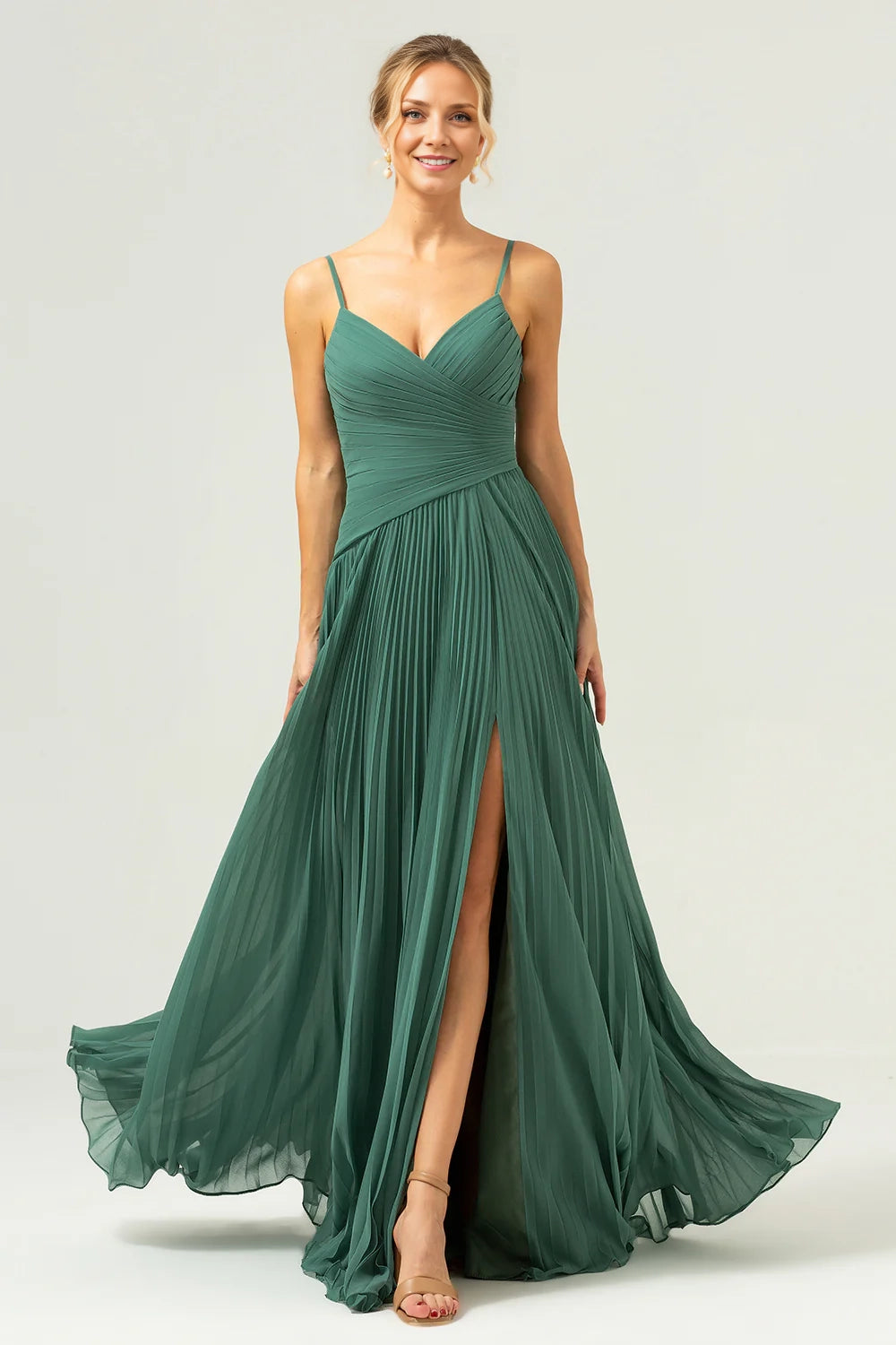 OKBBN A-line thin shoulder strap pleated long slit slim Bridesmaid Dresses