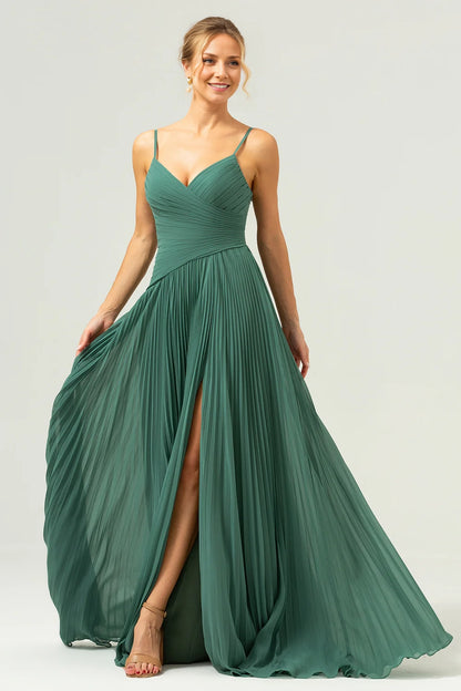 OKBBN A-line thin shoulder strap pleated long slit slim Bridesmaid Dresses