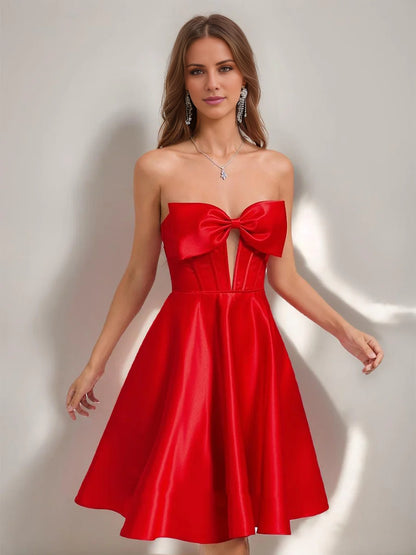 OKBBN A-shaped Princess Sweetheart Satin Short Mini Bow Homecoming Dresses