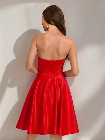 OKBBN A-shaped Princess Sweetheart Satin Short Mini Bow Homecoming Dresses