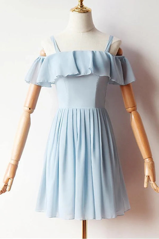 OKBBN Beautiful Cold Sleeve Chiffon Off Shoulder Sleeveless Wide Strap Short Homecoming Dresses