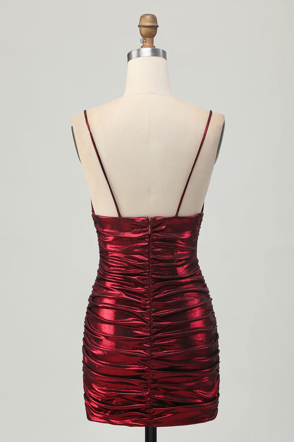 OKBBN Burgundy fine shoulder strap satin pleated short Homecoming Dresses