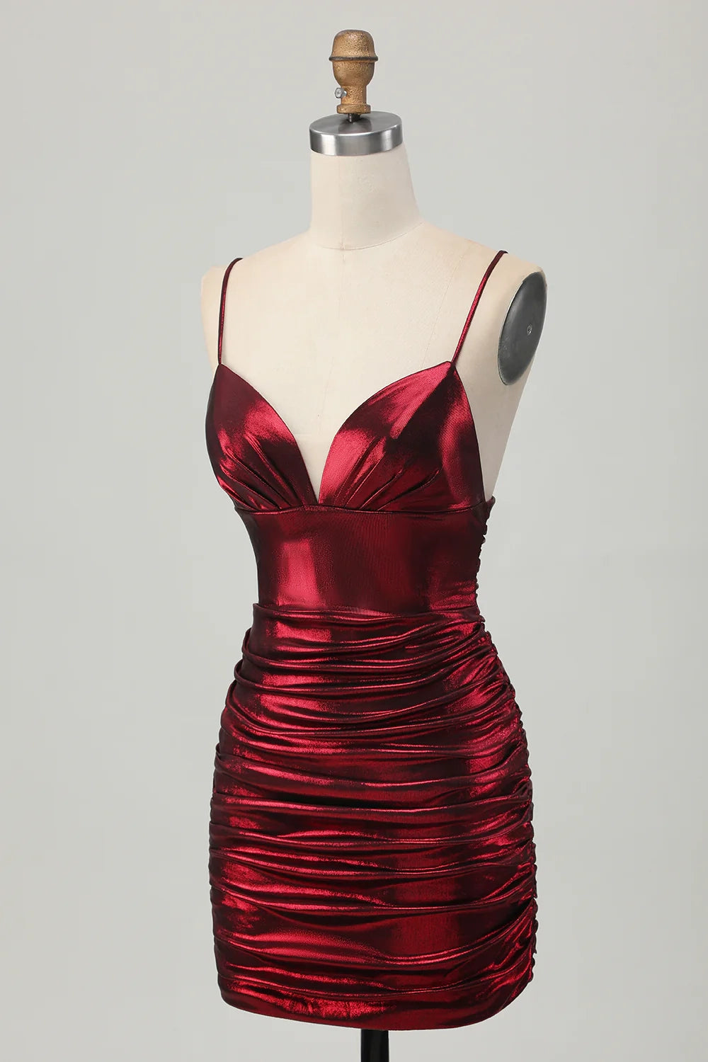 OKBBN Burgundy fine shoulder strap satin pleated short Homecoming Dresses