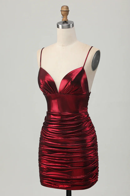 OKBBN Burgundy fine shoulder strap satin pleated short Homecoming Dresses