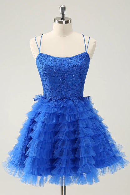OKBBN Cute A-line Thin Shoulder Strap Multi Layer Short Beaded Homecoming Dresses