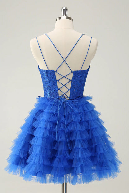 OKBBN Cute A-line Thin Shoulder Strap Multi Layer Short Beaded Homecoming Dresses