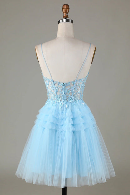OKBBN Cute A-line Thin Shoulder Strap Sparkle Short Homecoming Dresses
