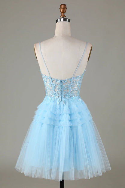 OKBBN Cute A-line Thin Shoulder Strap Sparkle Short Stickers Homecoming Dresses