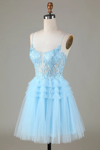 OKBBN Cute A-line Thin Shoulder Strap Sparkle Short Stickers Homecoming Dresses