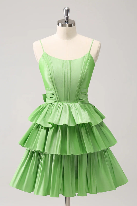 OKBBN Cute A-line Thin Shoulder Strap Waist Layered Ruffle Edges Homecoming Dresses